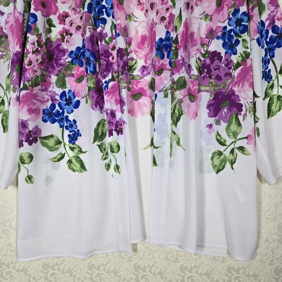 Susan Graver Cardigan Jacket Top sz L White Multicolor Floral Open Front Boho - Picture 3 of 12